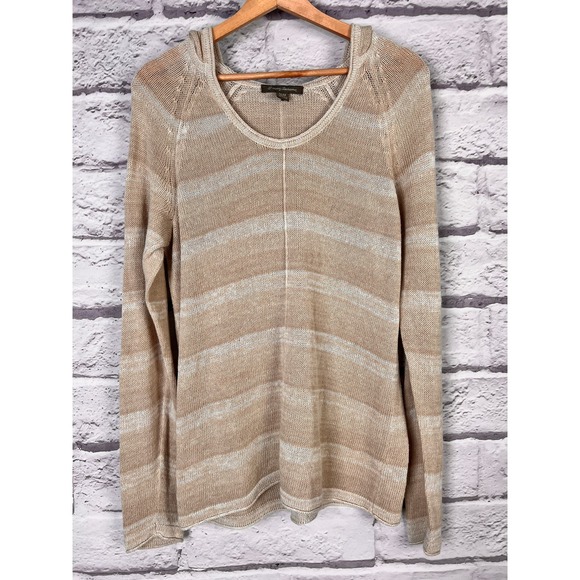 TOMMY BAHAMA Womens M Tan Striped Linen Blend Hooded Pullover Cover Up Open Knit - Picture 2 of 7